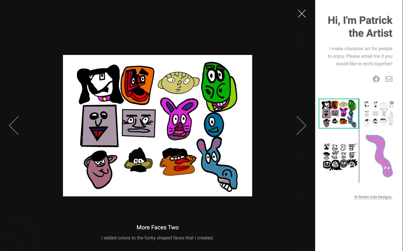Patrick's portfolio: his colorful character faces with his introduction.