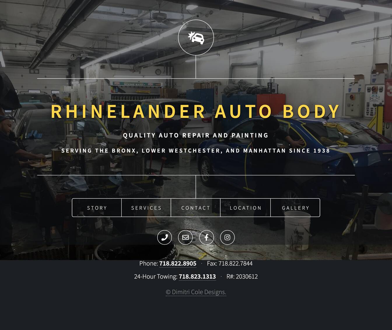 The Rhinelander Auto Body website: a yellow wordmark over a dark photograph of the garage.